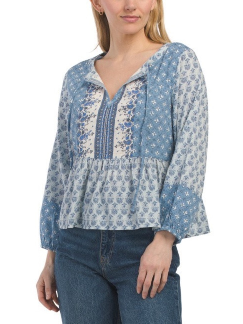 Lucky Brand Blue Mixed Floral Peasant Blouse